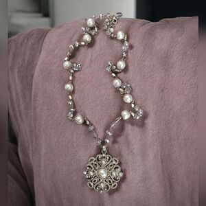 White House Black Market Statement Pendant Necklace – Crystal & Faux Pearl